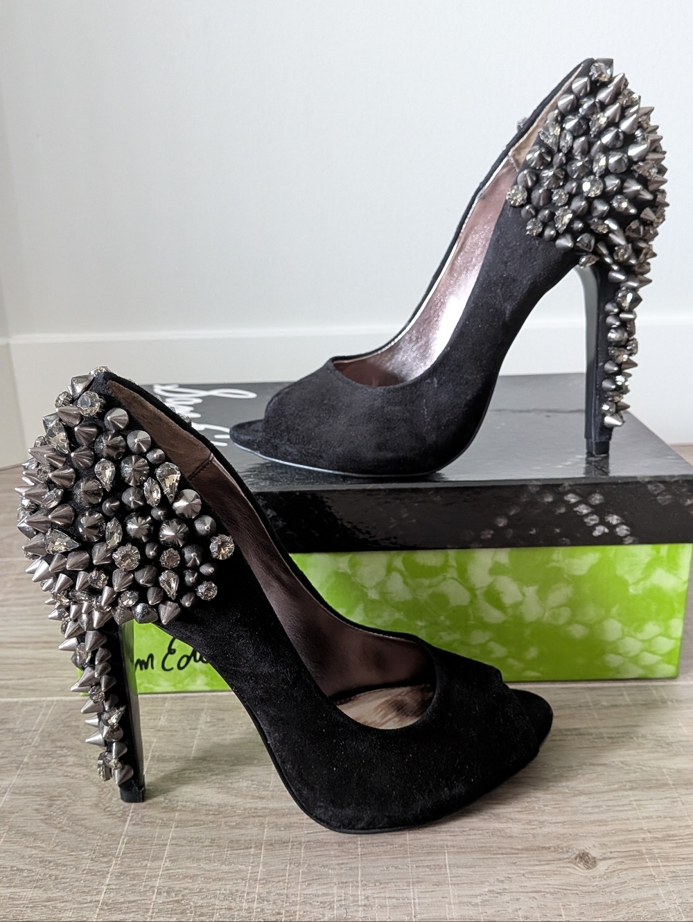 Sam Edelman Lorissa Black Suede Spiked Rhinestone Peep Toe Heels 6.5 NIB